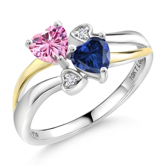 Gem Stone King 925 Silver and 10K Yellow Gold Pink Moissanite and Blue Created Sapphire and White Lab Grown Diamond Ring for Women (1.02 Cttw, Gemstone, Heart Shape 5MM, Size 7)