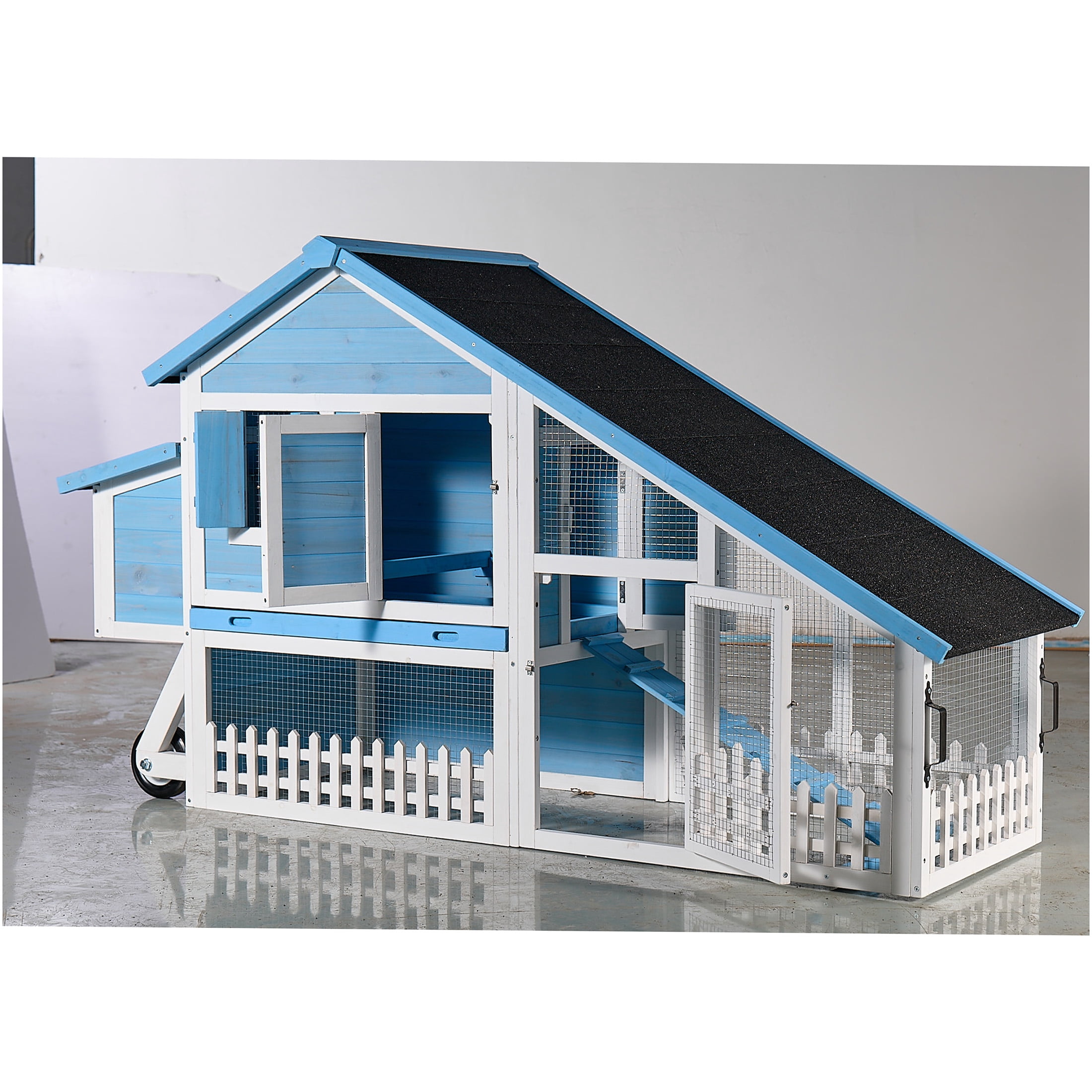JERFIT 76 Inch Large Outdoor Rabbit Hutch with Waterproof Roof, Removable Tray, Ramp & Play Run Area, Light Blue Wooden Bunny Cage House