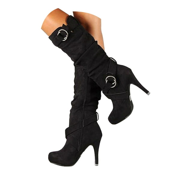 Women's Vintage Knee High Boots Suede Round Toe High Stiletto Heel Knee Length Motocycle Riding Booties with Buckle Strap Black Size 7