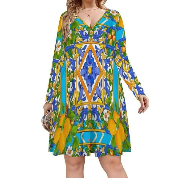 Summer ,Sicilian Tiles ,citrus,lemons ,majolica Mediterranean Long Sleeve Sexy Dresses For Women Ladies Vintage Elegant Party Dress Oversized V-neck Dress