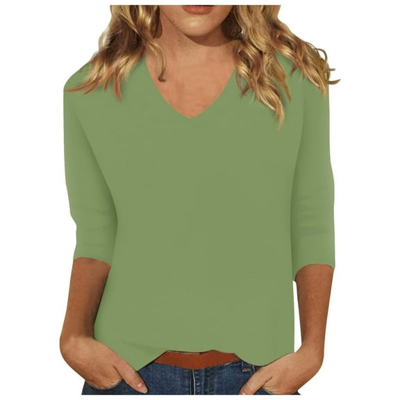 Baqcunre T Shirts For Women Womens Tops 3/4 Sleeve Plain Travel Cute Tops V Neck Slim Fit Half Sleeve Tshirts Shirts Spring Blouse Tops For Women 2023 Sweatshirt For Women Army Green L