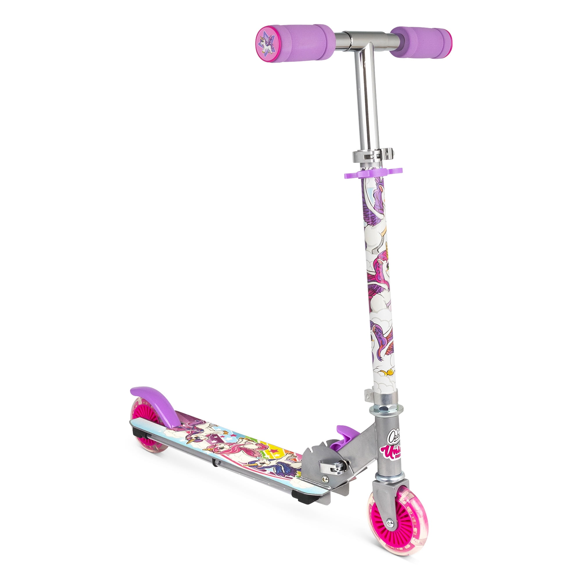 Ozbozz: Flashing Scooter - Unicorn - Light-Up Wheels, Adjustable Height, 2 Wheel Outdoor Ride-On, Foam Handles, Foldable, 100lb Limit, Kids 5+