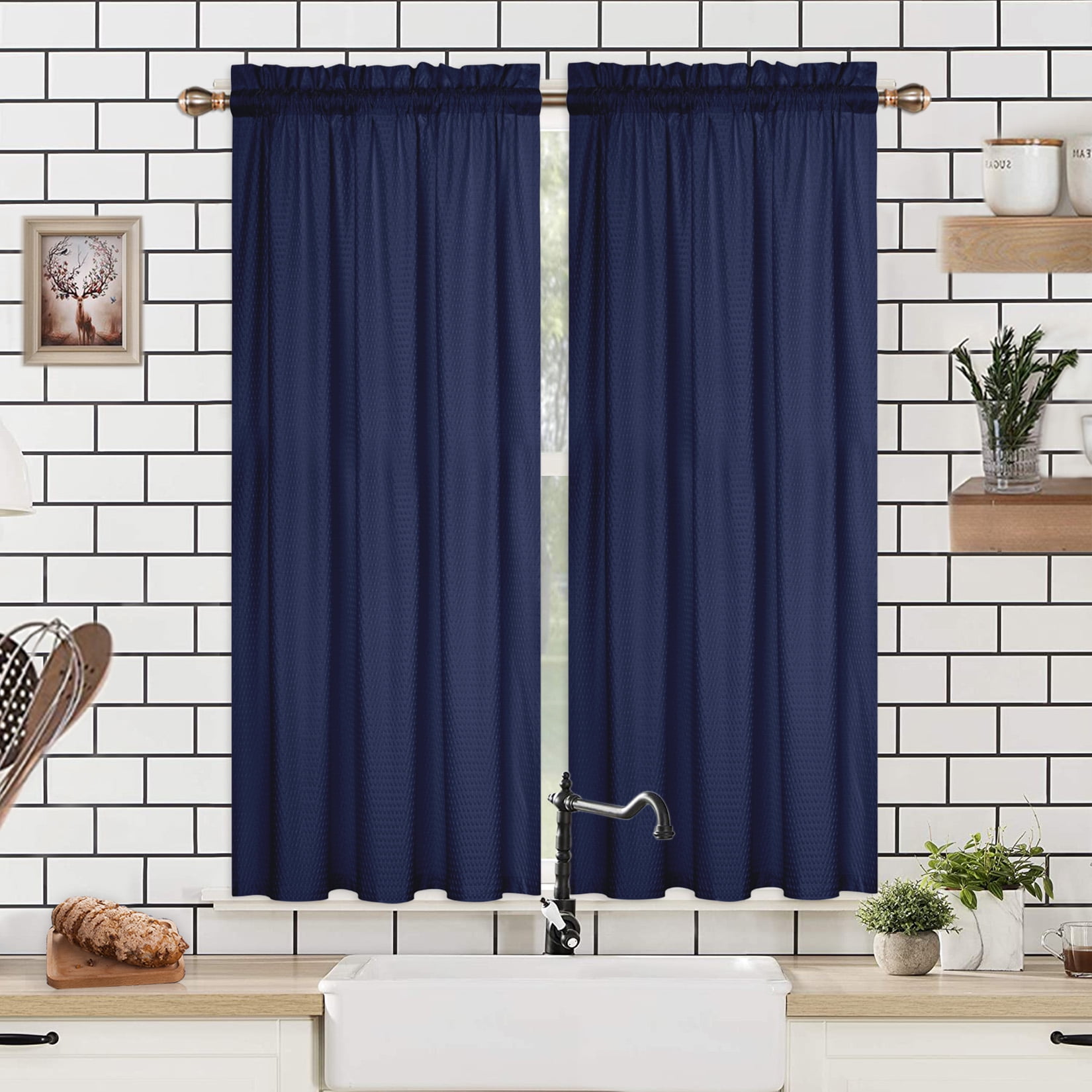 GlowSol 30"Wx45"L Navy Blue Kitchen Curtains Waterproof Modern Bedroom