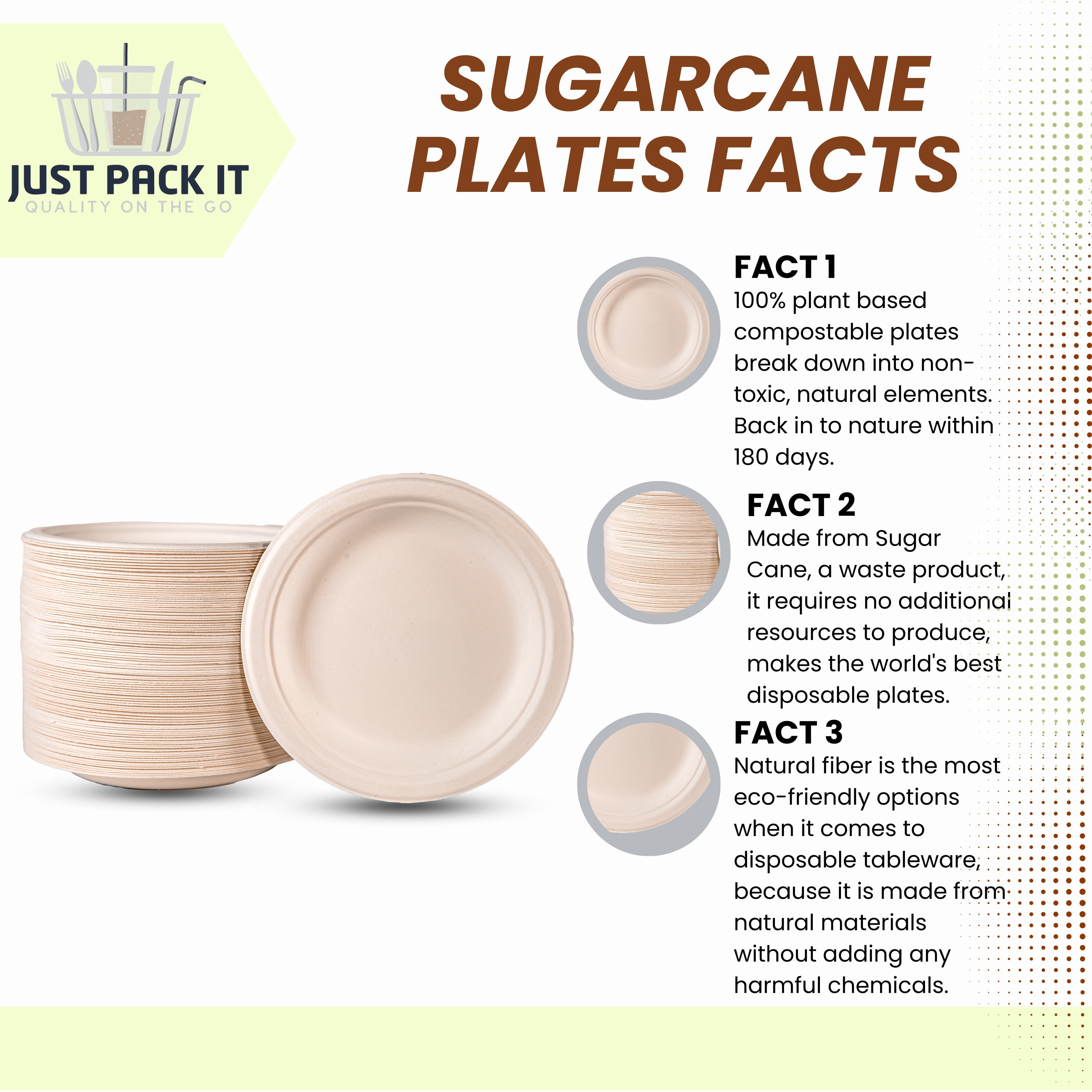 JUST PACK IT Eco-Friendly 100% Compostable AFN1Disposable Microwavable Sugarcane Paper Plates - Heavy-Duty Unbleached (125, 6" Round Plates)