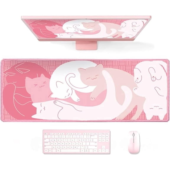 XL Pink Cat Anime Gaming Mouse Pad 31.5x11.8 Inch, Large Extended Desk Mat with Non-Slip Rubber Base & Stitched Edges, Cute Computer Keyboard Mat for Home Office & Gaming