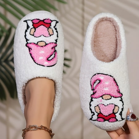 

Cozy Valentines Day Plush Slippers - Adorable Cartoon Gnome & Lover Pattern Ultra-Soft Warm and Flat Shoes for Home Use - Perfect Gift for Winter Season