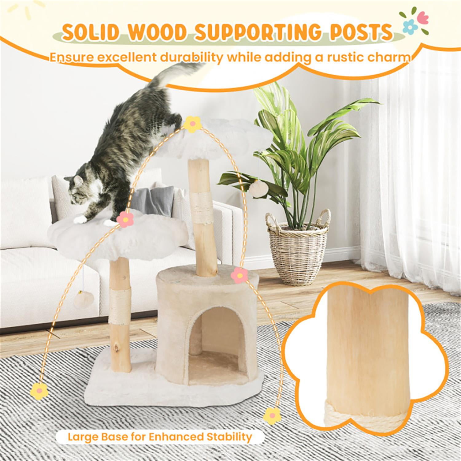resenkos 32" Cat Tree Tower with Natural Branch for Indoor Cats, Cute Plush Cat Tree House with Scratching Posts and Dangling Ball, Beige