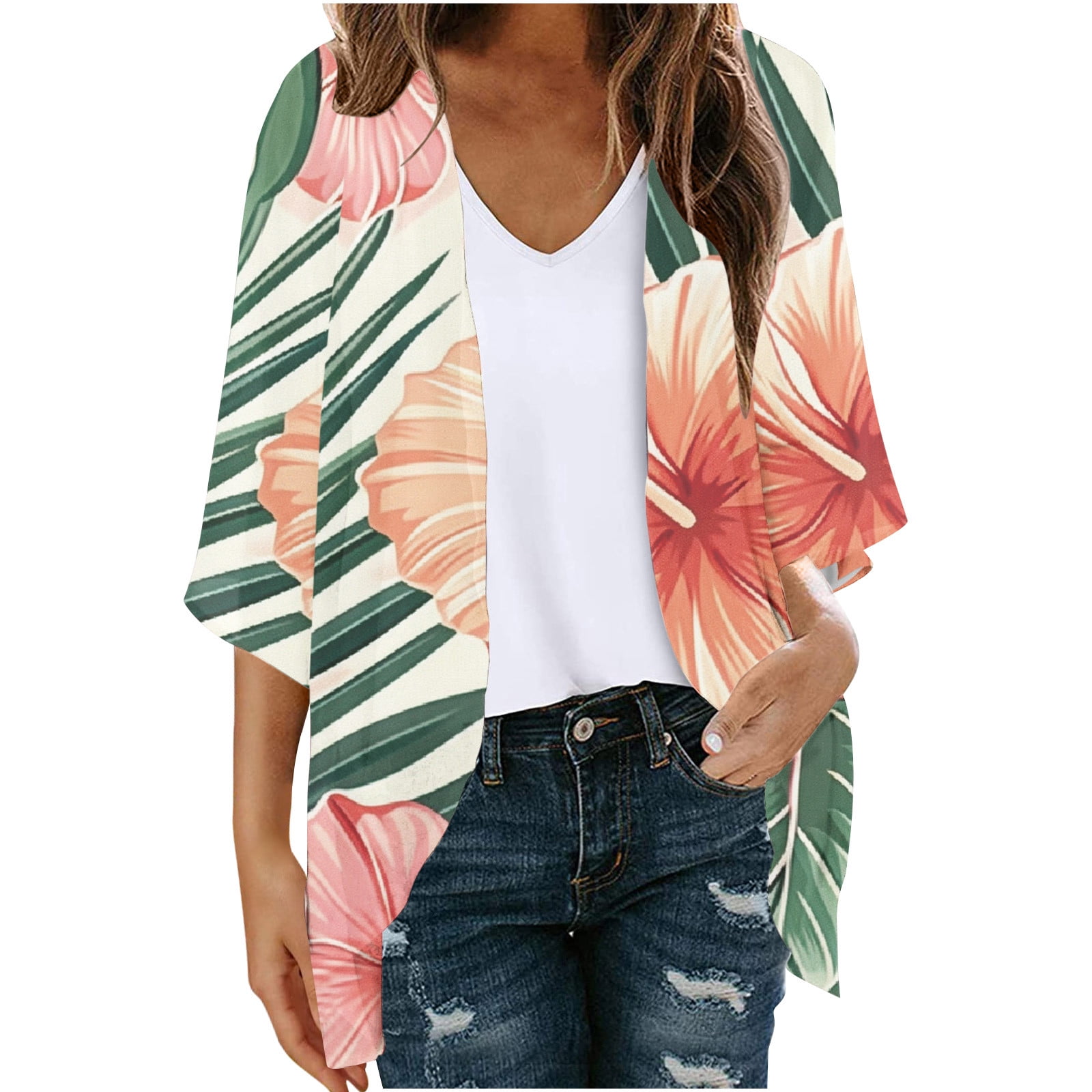 breaise Women's Chiffon Cardigan Lightweight Open Front 3/4 Sleeve