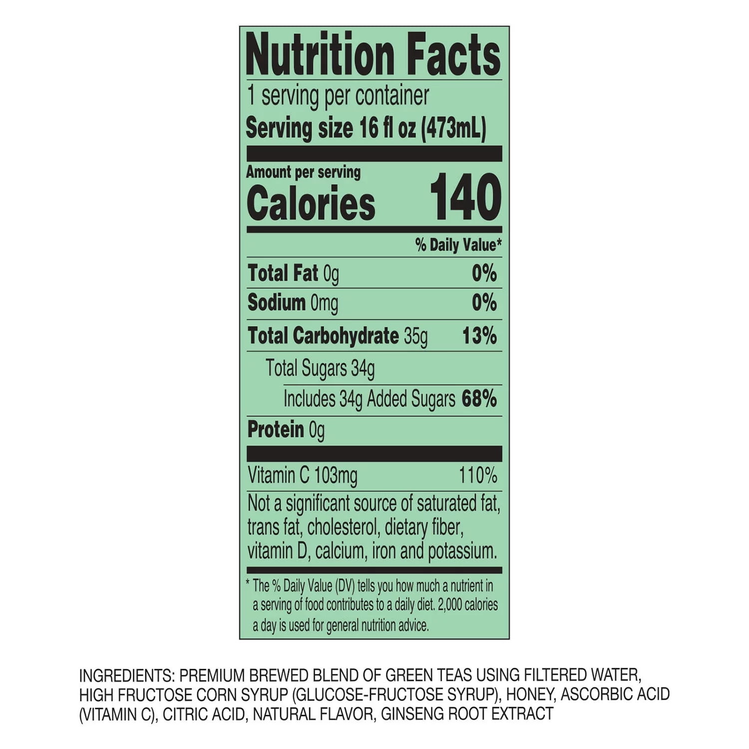 AriZona Green Tea with Ginseng and Honey, 16 Oz, Pack of 24