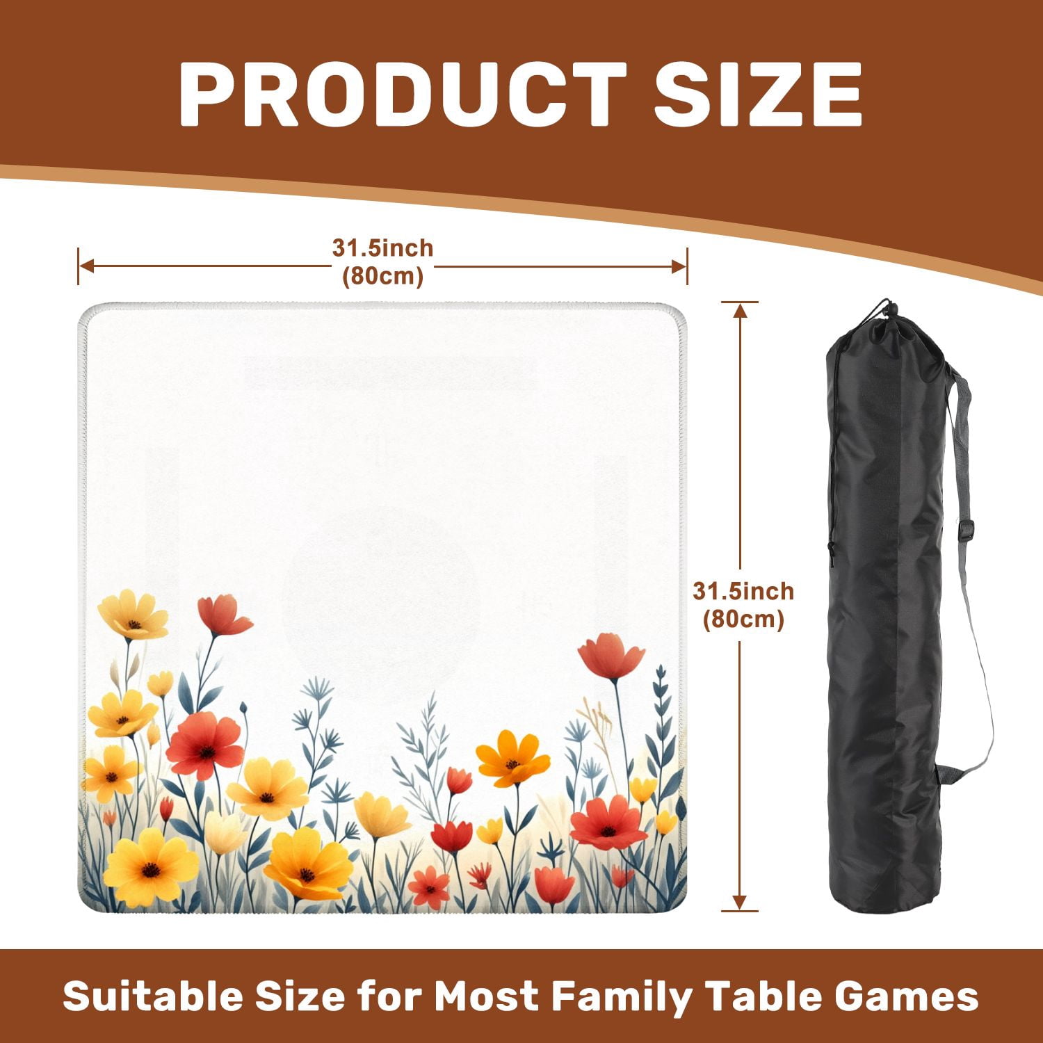 Mahjong Mat 31.5" x 31.5" Colorful Hand Drawn Wildflowers White Non-Slip Noise Reduction American Mahjong Tiles Table Cover for Dominoes Poker Card Board Games Gift