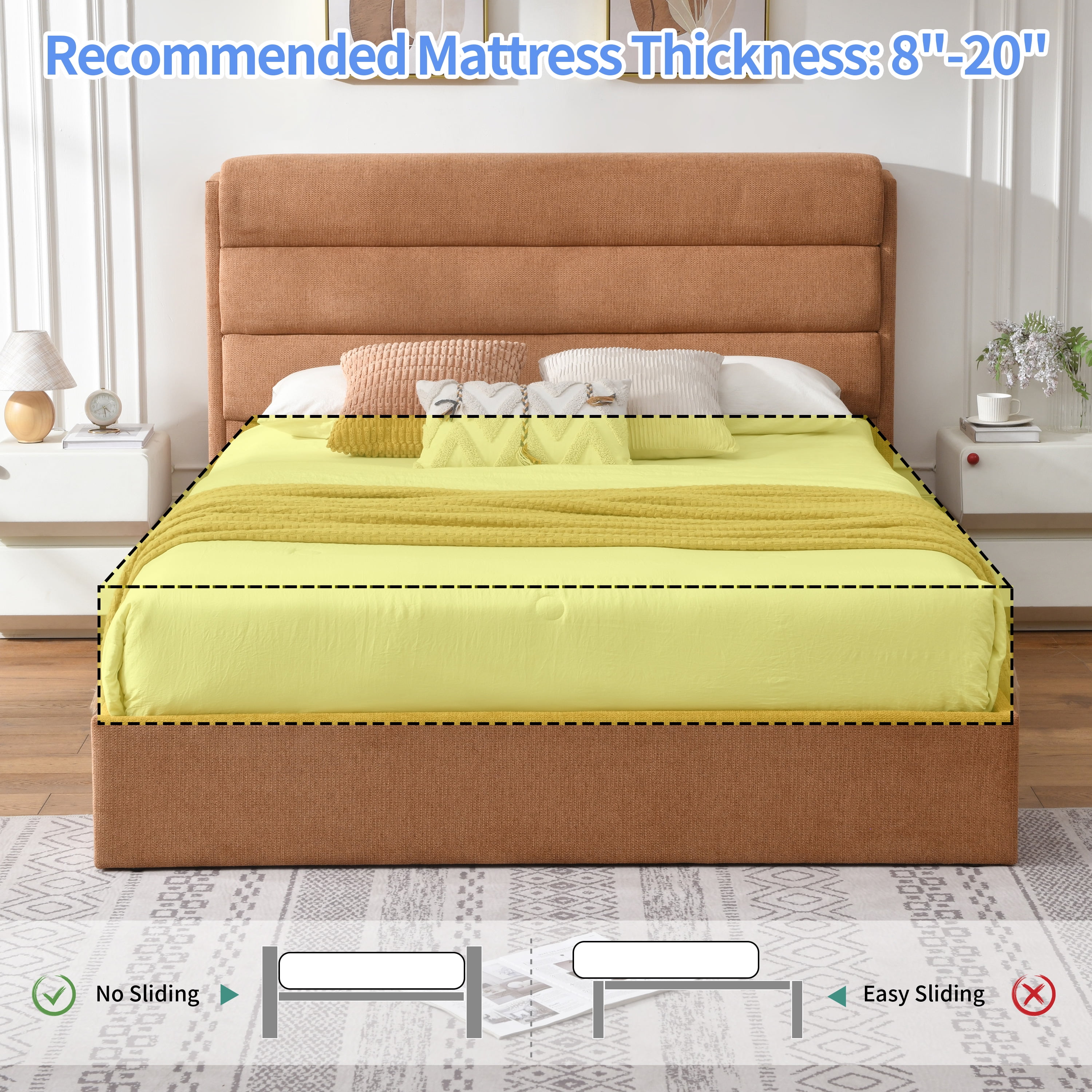 Queen Bed Frame with Lift Up Storage, Wood Bed Frame with Headboard and Solid Wood Slats Support, Sturdy and Noiseless, Ocher