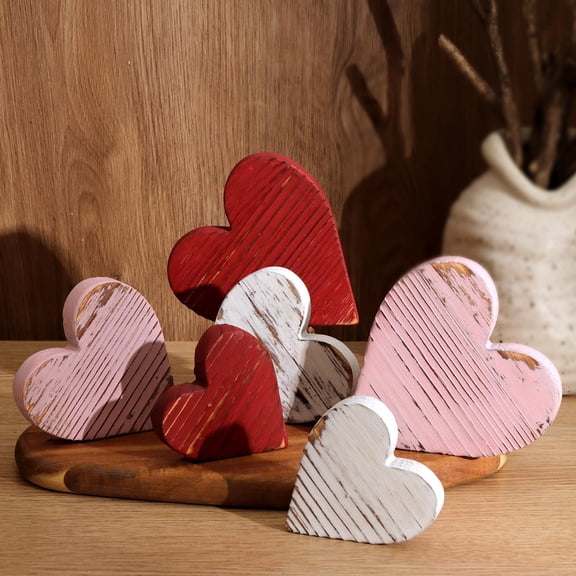 Valentines Day Tiered Tray Decor: 6pcs Red Pink Rustic Distressed Wood Heart Table Decorations Sign, Vintage Galentines/Valentine Decorations for the Home Table Décor Anniversary, Rustic Style C113