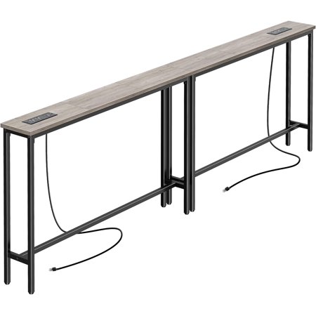 5.9 Inch Narrow Console Table with Outlet, Sofa Table Set of 2, Total Length 78.8'', Behind Couch Table, Long Entryway Tables with Charging Station, for Living Room, Hallway, Oak