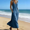 thumbnail image 3 of Women V-Neck Asymmetrical Buckle Denim Overall Long Dress, Loose Slim Fit Dress for Daily Commute and Outdoor Activities, 3 of 5