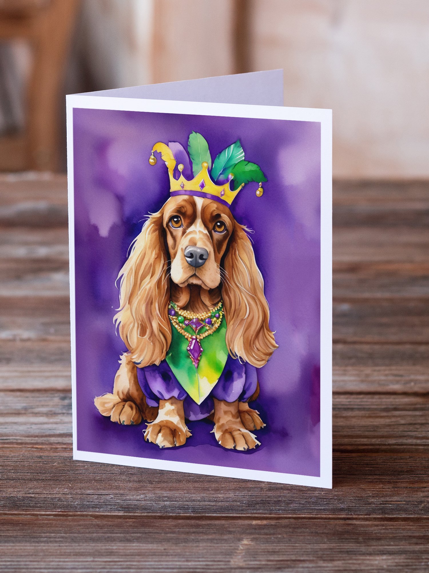 English Cocker Spaniel King of Mardi Gras Greeting Cards Pack of 8 7 in x 5 in