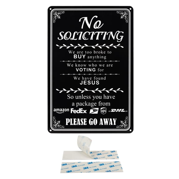 No Soliciting Sign for Front Door - Funny "We're Too Broke to Buy Anything" Metal Sign for Home - Decorative Wall Plaque to Deter Unwanted Visitors, 8 x 12 Inch