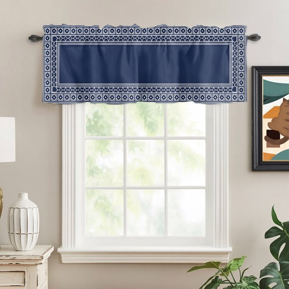 Navy Blue Boho Rod Pocket Curtain Valance, Modern Geometric Bohemia Abstract Textured Farmhouse Window Valance for Living Room, Bedroom, Kitchen 42"W x 12"L