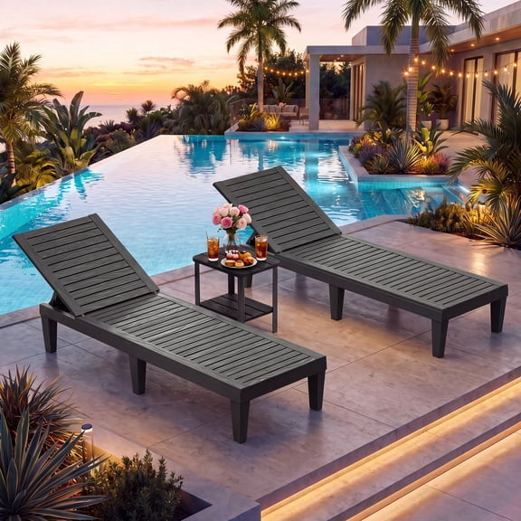 Outdoor Chaise Lounge Set of 2 with 1 Side Table, Waterproof Sun Loungers Chair Outdoor, 5-Positions Adjustable Pool Lounge Chair for Garden, Beach, Patio, Poolside, Lawn & Deck,Black