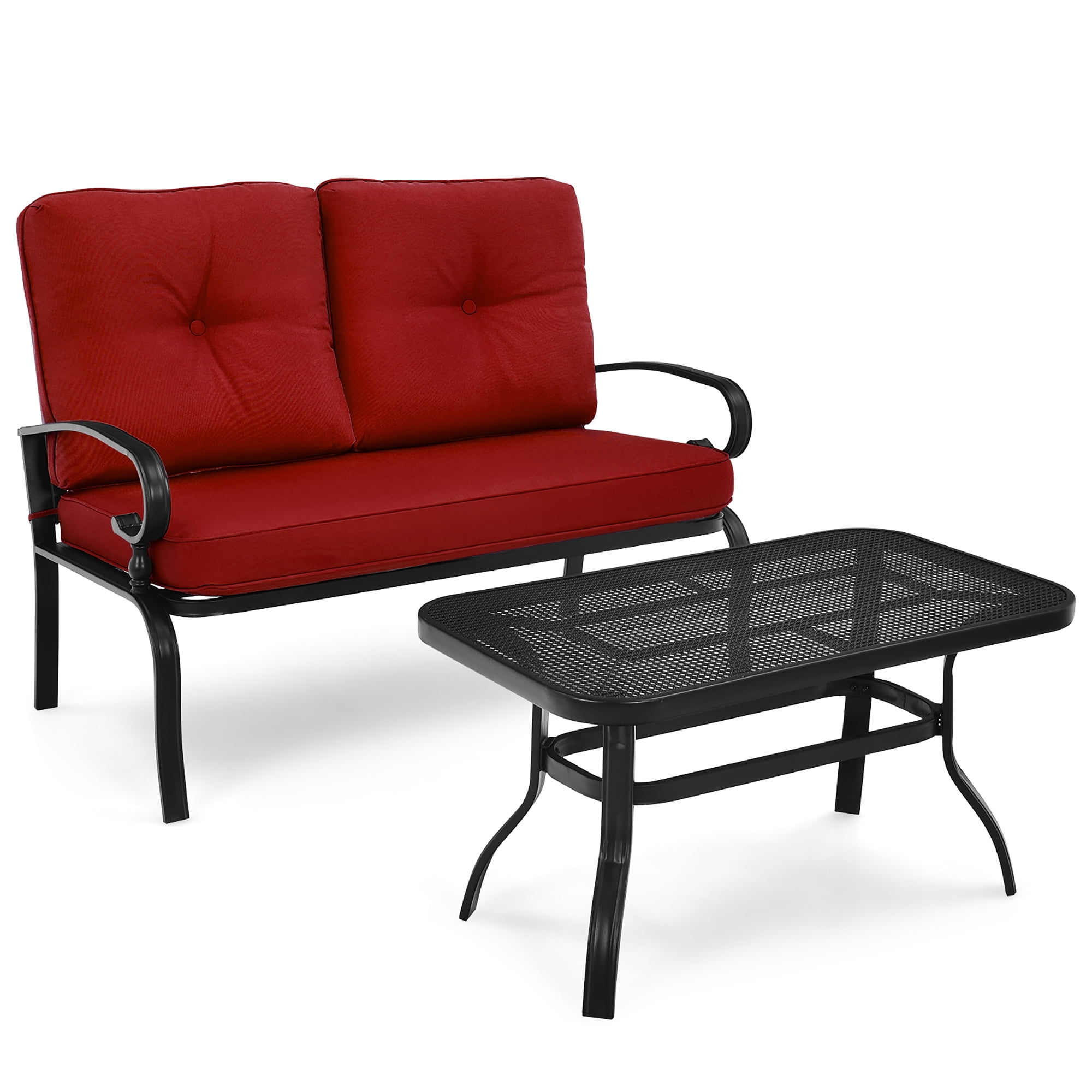 Costway 2PCS Patio Loveseat Bench Table Furniture Set Cushioned Chair Red