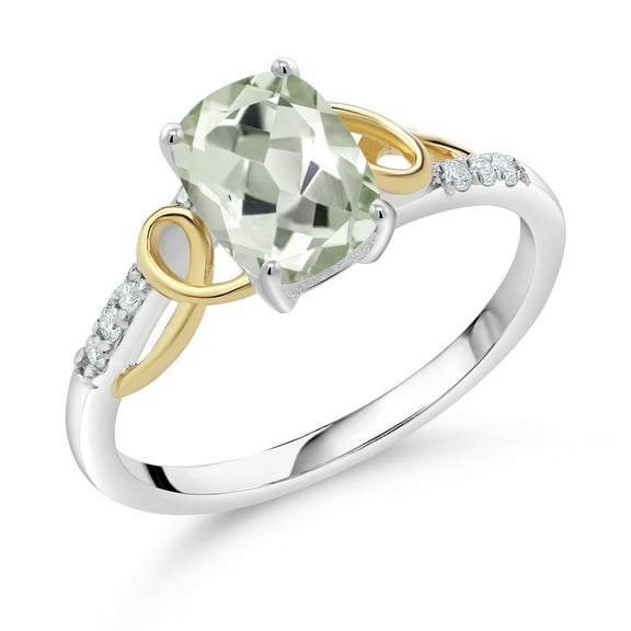 Gem Stone King 2 Tone 10K Yellow Gold and 925 Sterling Silver Green Prasiolite and White E-F Lab Grown Diamond Women Ring (1.34 Cttw, Available in Size 5,6,7,8,9)