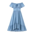 thumbnail image 5 of ClodeEU Women's Off Shoulder Puff Short Sleeve Waist Tie Irregular Midi Dress,Casual Summer Swing Dress Light Blue,Women's Plus M, 5 of 7