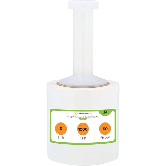 PSBM Mini Stretch Wrap 5" x 1000' 12 Rolls 50 Gauge Clear Shrink Film/Wrap with Plastic Dispenser Handle, Industrial Strength Up to 500% Ultimate Stretch, Plastic Wrap for Moving, Packing, Shipping