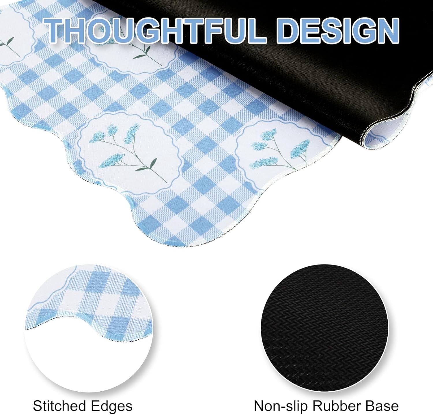 Blue Mouse Pad,Checkered Floral Desk Mat XXL Large Scalloped Cottagecore Gaming Mousepad,35.4x15.7in Non-Slip Rustic Keyboard Pad Desktop Mat for Laptop Computer Game Home Office