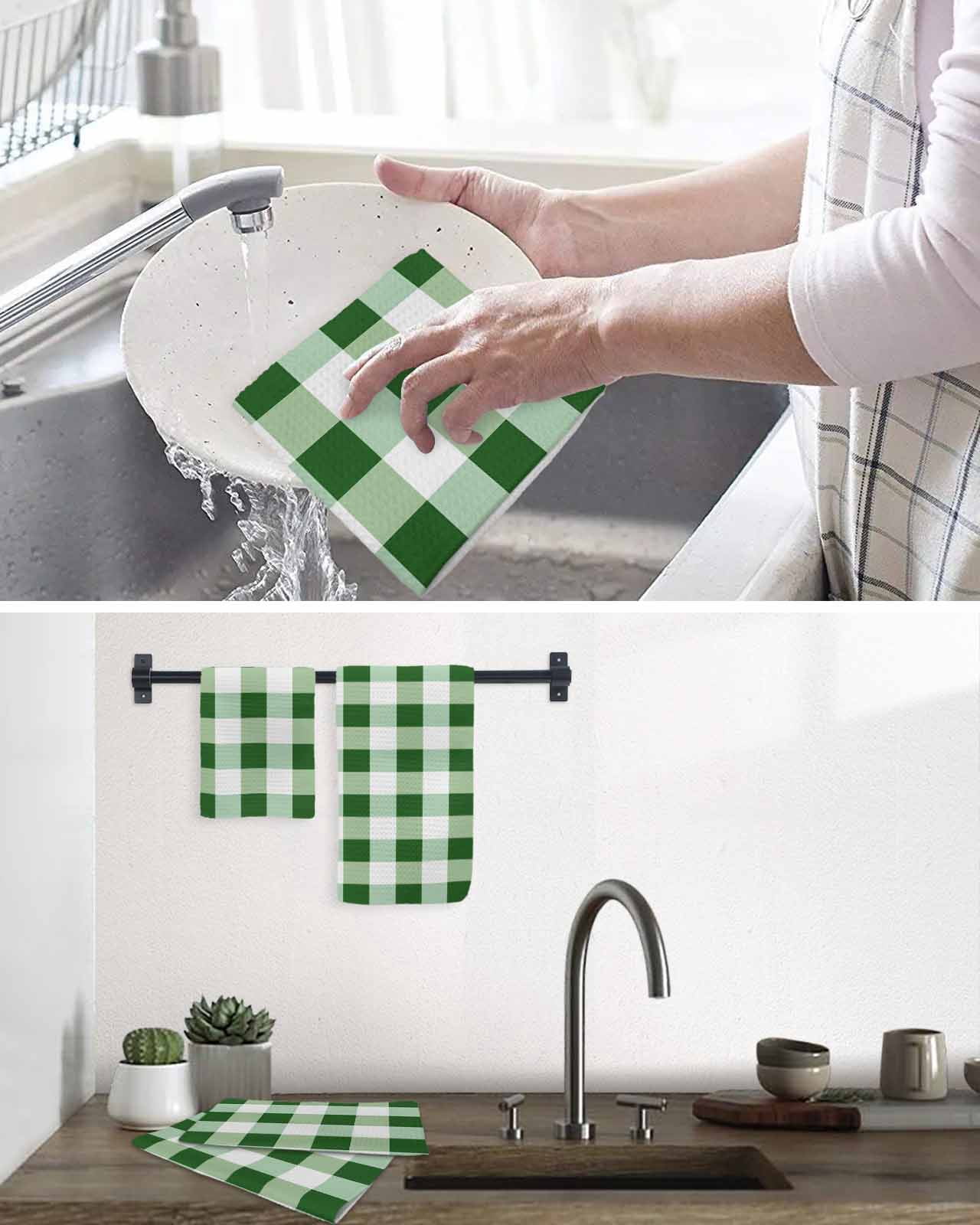 Green Plaid Kitchen Dish Towels for Drying Dishes Set of 3, Spring Summer Farmhouse Buffalo Checkered Waffle Weave Microfiber Hand Tea Bathroom Towels Quick Dry & Absorbent Towel 12x12