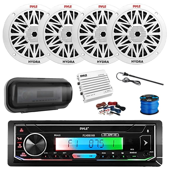 Pyle PLMRB38B Marine Single DIN USB Bluetooth AM/FM Stereo Receiver, Cover, 4-Channel Amplifier w/Kit, 4x 6.5" 200 Watt Peak Full Range 2-Way Waterproof Speakers w/Wire, Long Range Radio Antenna