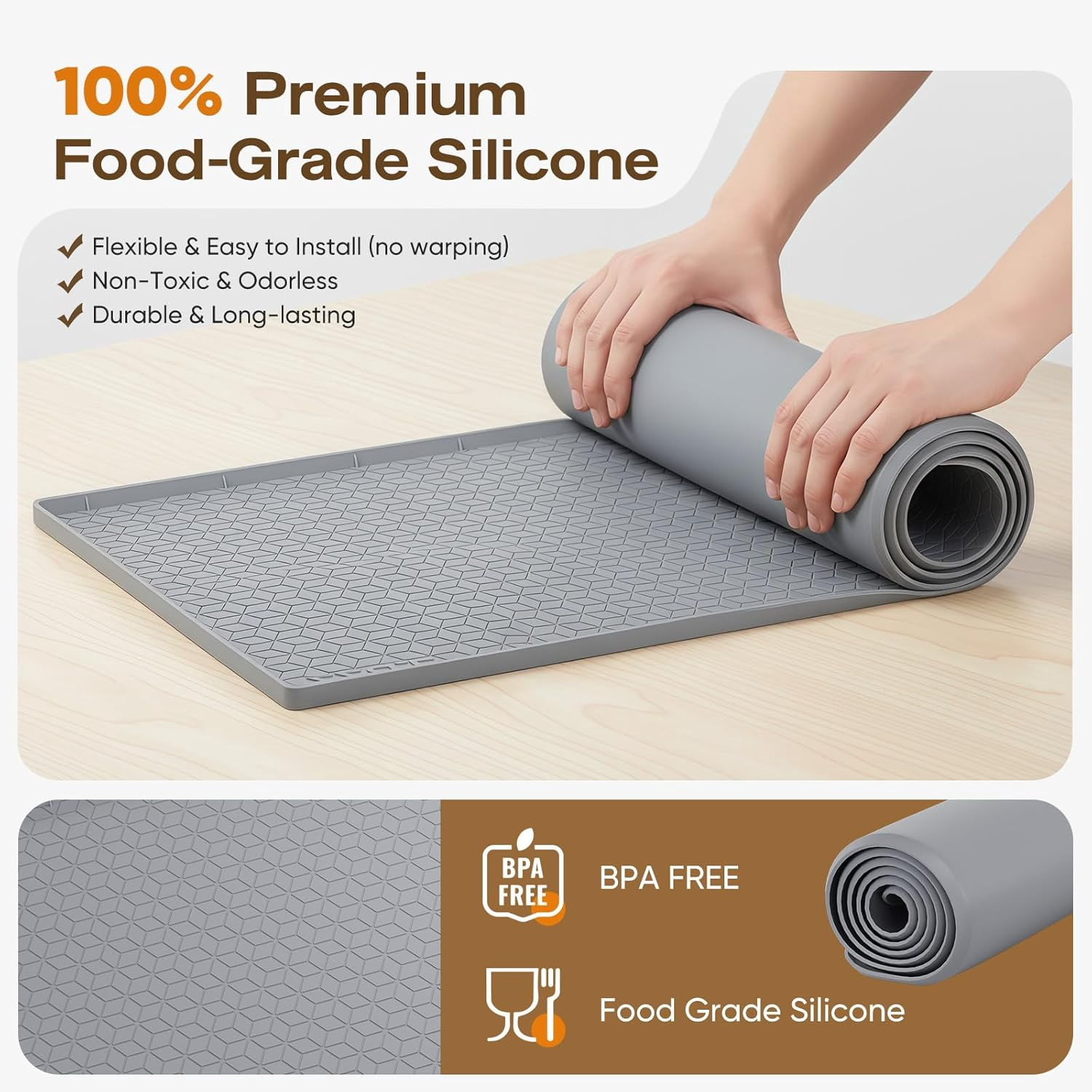Silicone Waterproof Under Sink Mat 34" x 19", Drip Tray and Cabinet Liner for Kitchen and Bathroom, Prevents Water Damage and Organizes Cabinets (Grey)