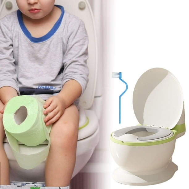 Orinal para bebé, inodoro realista, botón de descarga realista, antideslizante, silla para ir al baño para niños, asiento de transición para ir al bañ Asiento de PU verde