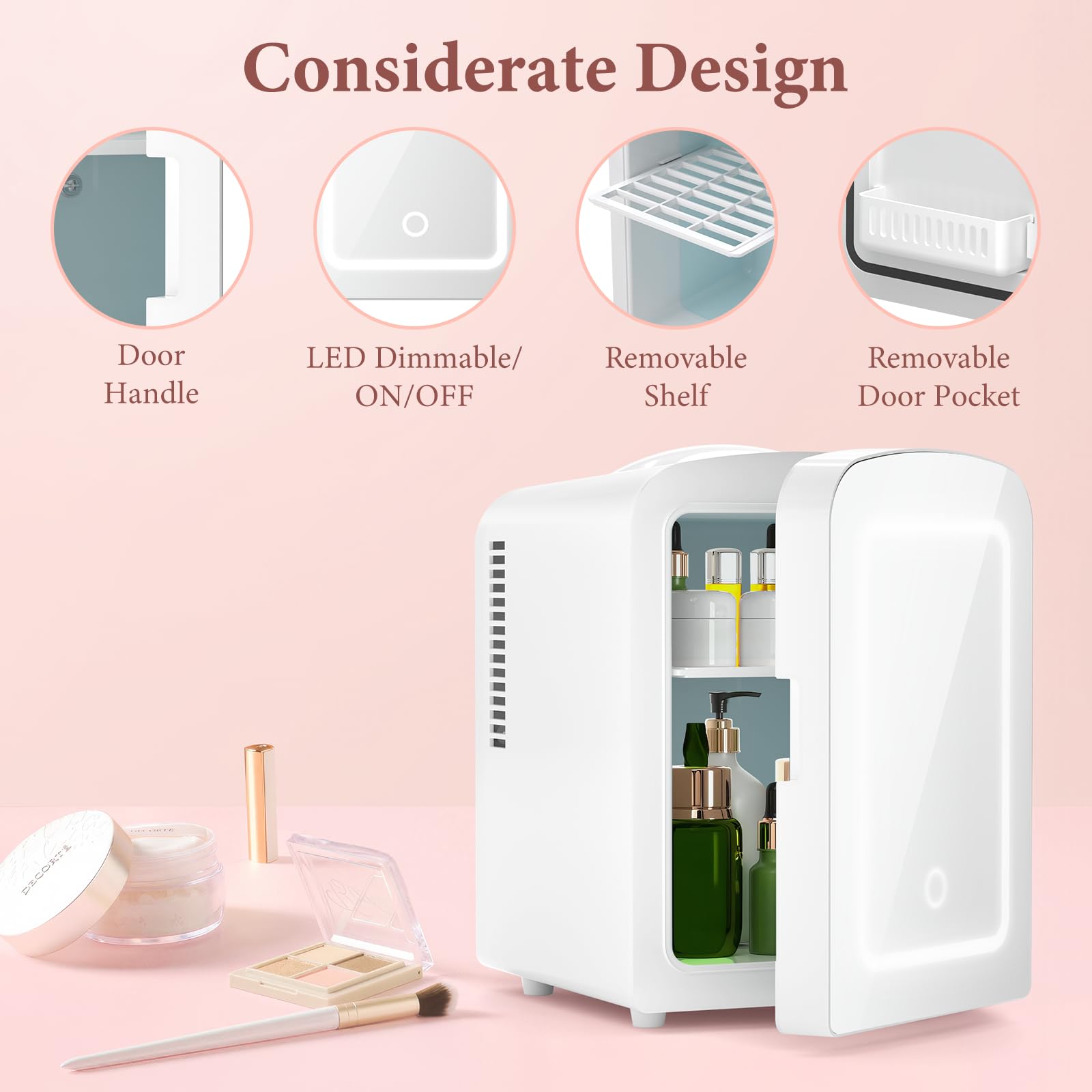 LHRIVER Mini Cooler with LED Mirror & Light, 4L Skincare Fridge, for Home Outlet & DC Charger