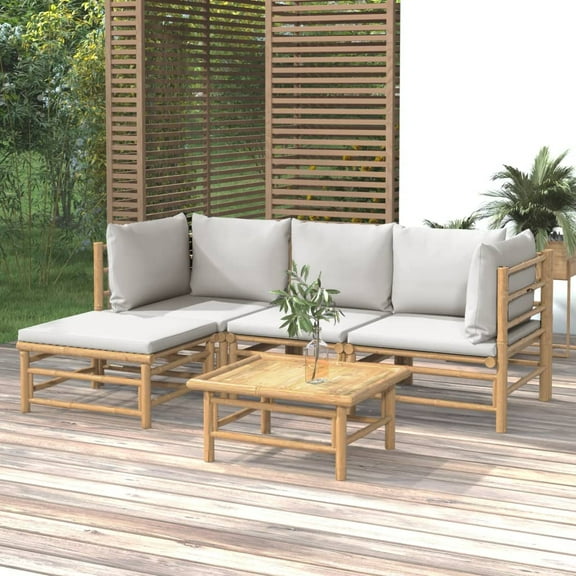 vidaXL 5 Piece Patio Lounge Set with Light Gray Cushions Bamboo