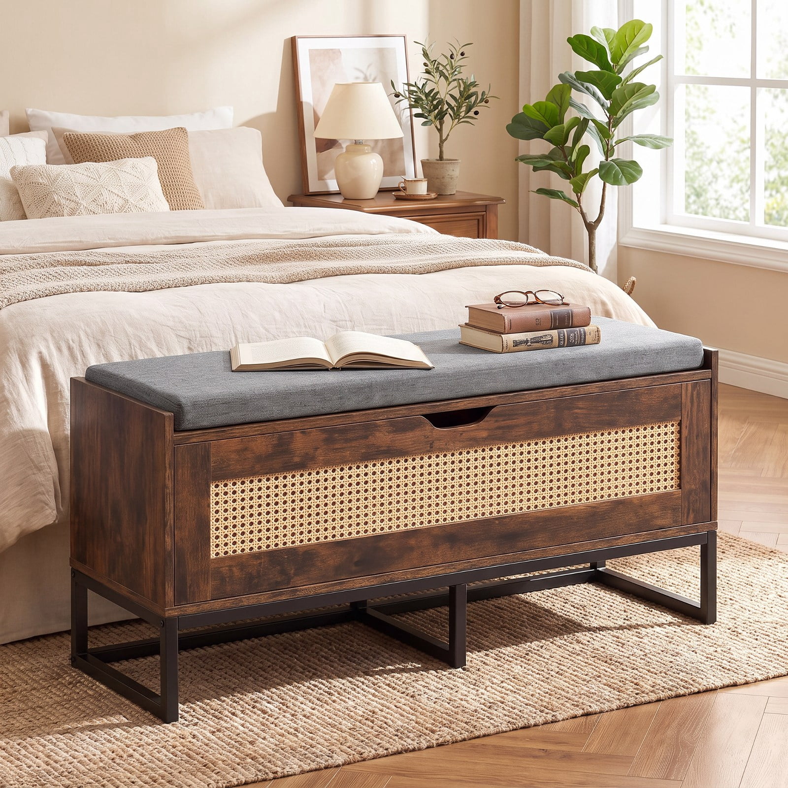 Furnibear 39.5 Inch Rattan Wicker Storage Chest Shoe Bench with Padded Seat and Flip Top Lid for Entryway Shoe Storage, White