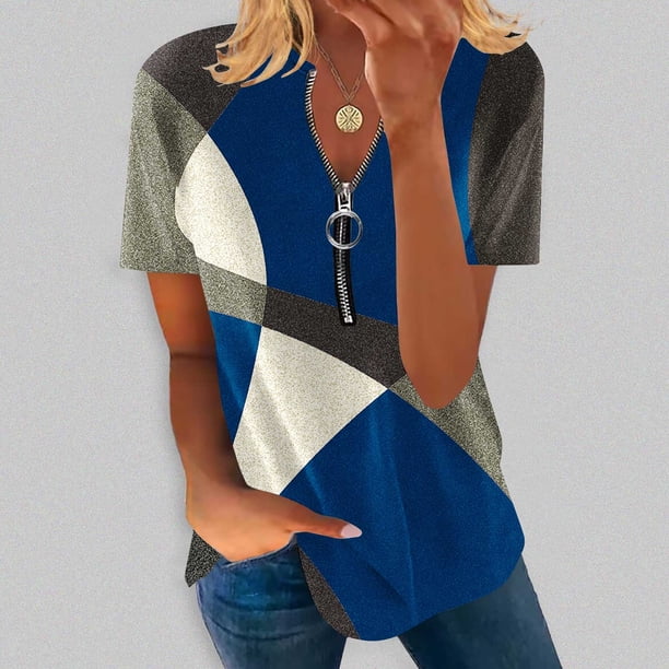 Fiudx Ofertas Flash Del Día Blusa Informal de Manga Corta con Cremallera y Cuello Redondo para Mujer