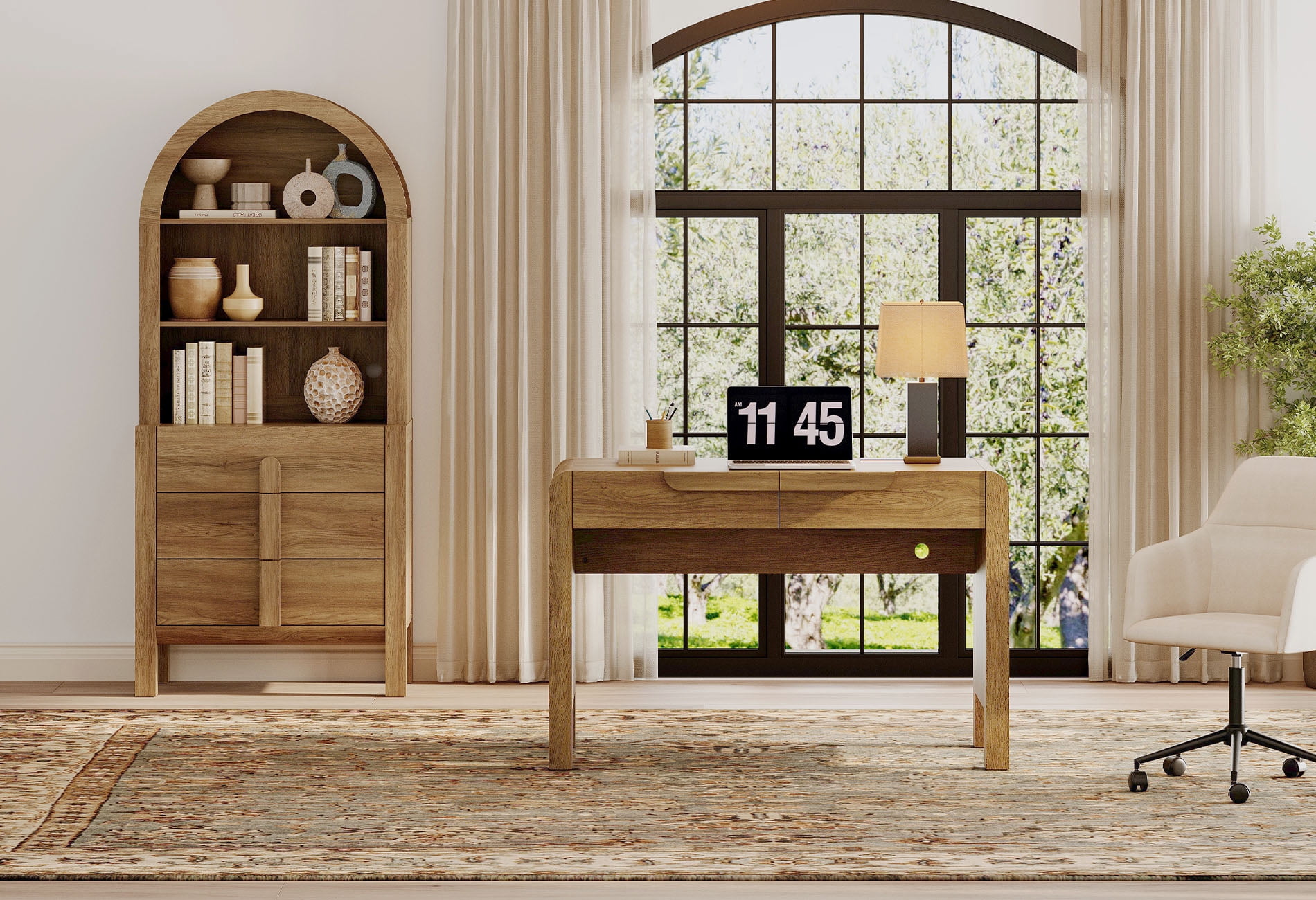 2 Piece Office Set, 47" Modern Executive Desk with Charging Station and Drawers & 71"H Tall 3-Tier Arched Bookcases with Open Storage for Living Room, Bedroom, Home Office