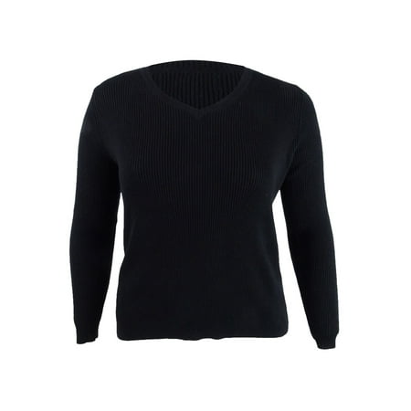 Karen Scott Women's Petite Ribbed-Knit Cotton Sweater (PL, Deep Black)