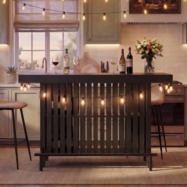 Black Counter Height Table & Bar Table with Wine Storage,Modern Top Kitchen Island Table with Footrest and 2-Tier Wine Rack for Dining Room, Kitchen & Home Bar