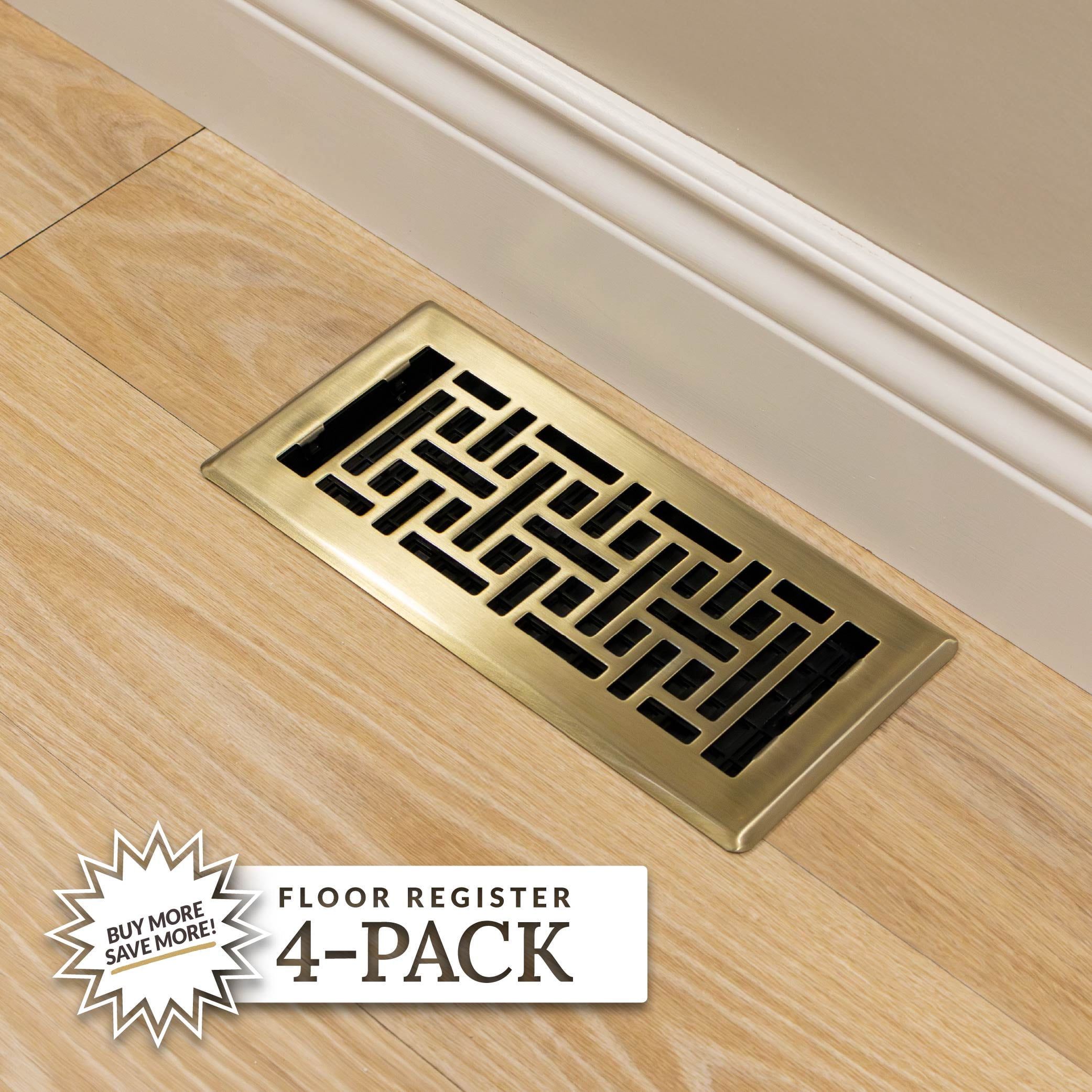 Decor Grates (4-Pack) 4x10 Oriental Floor Register Vent Cover, Adjustable Airflow Control, Antique Brass (AJH410-A)