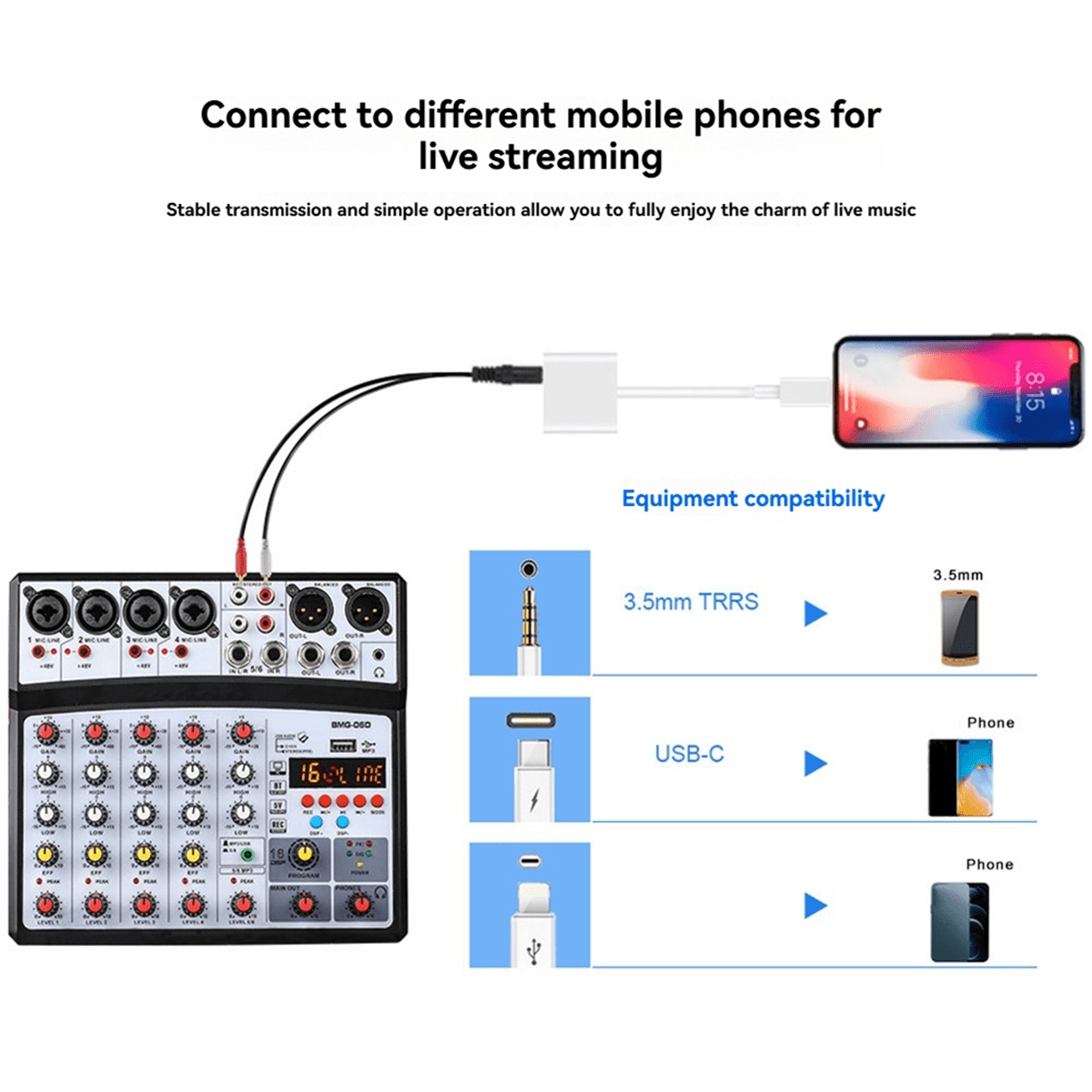 6 Channel Audio Mixer Portable Mixing Console USB Interface Sound Card with 99- 48V Phantom Power US Plug