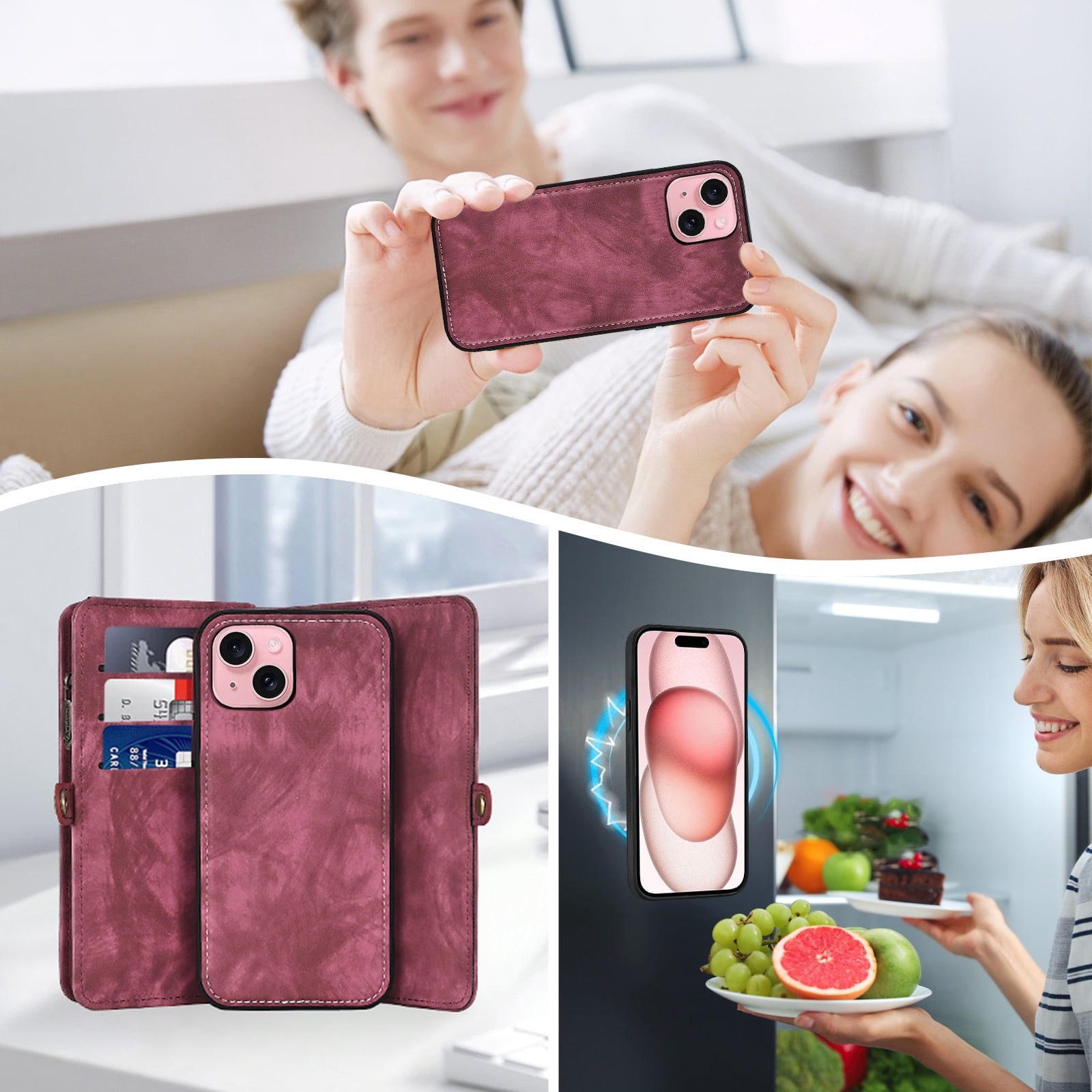 Asuwish Compatible with iPhone 15 Plus 6.7 inch Phone Case Zipper Wallet Detachable Tempered Glass Screen Protector Lanyard Strap Flip Card Holder Cell Cover for i Phone15 15+ i15 + 15Plus Women Red