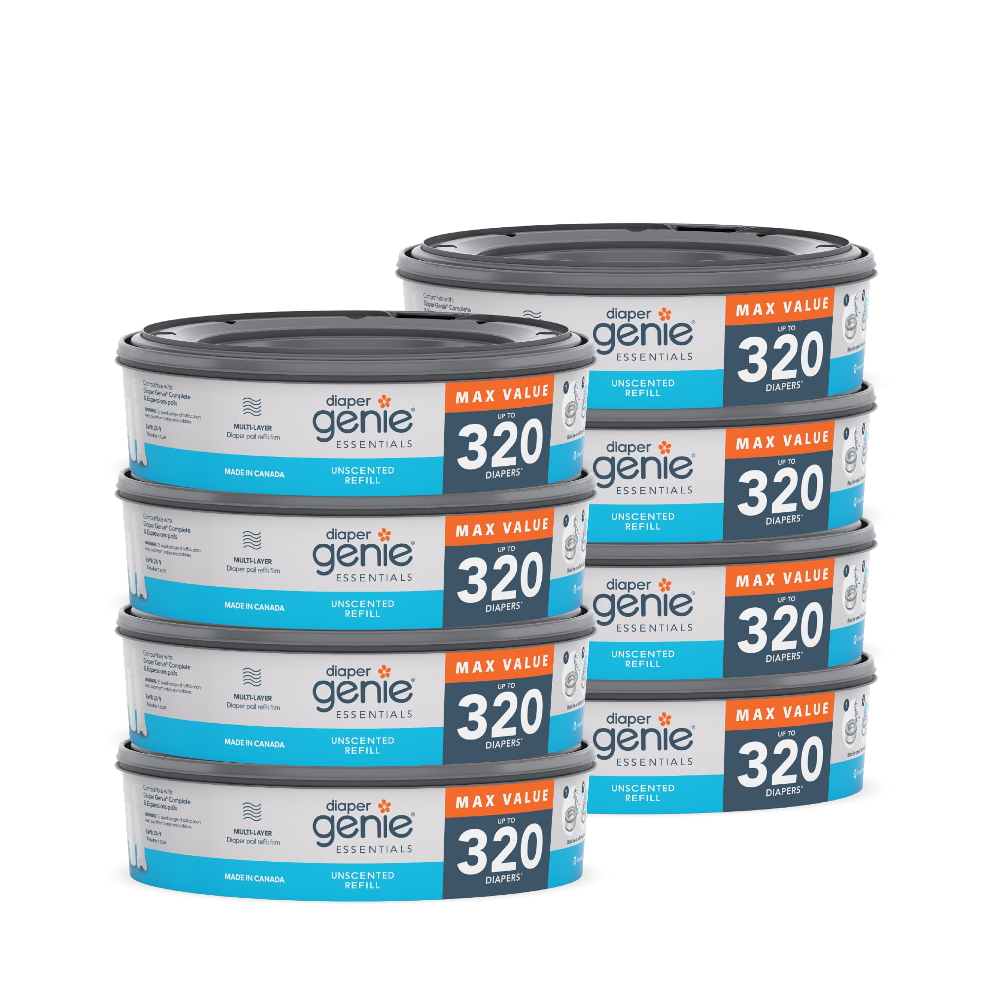 Diaper Genie Essentials Round Refills, Unscented, Holds up to 2560 Newborn Diapers, 8 Pack