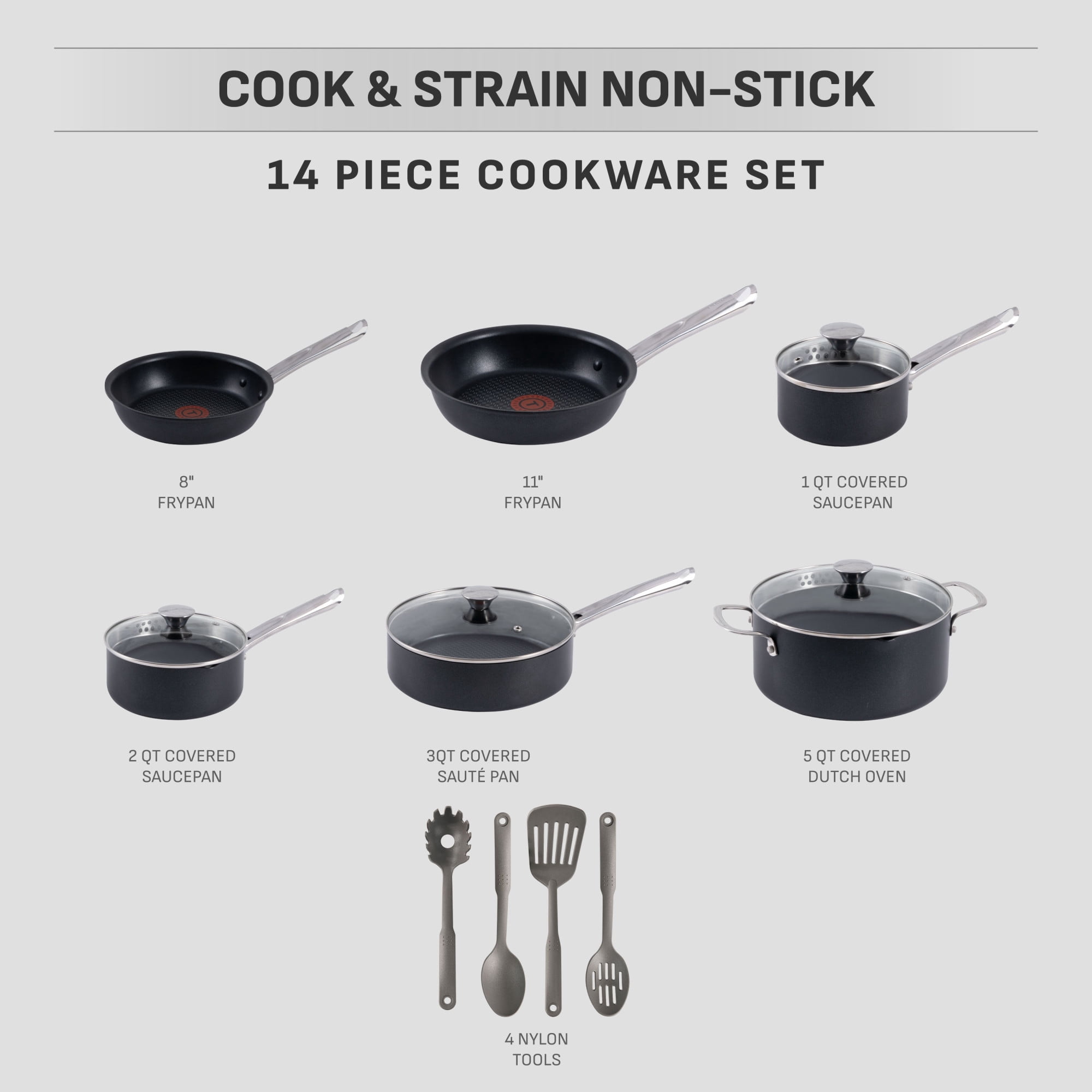 T-fal Cook & Strain Non-stick, 14 Piece Pots and Pans Cookware Set, Black