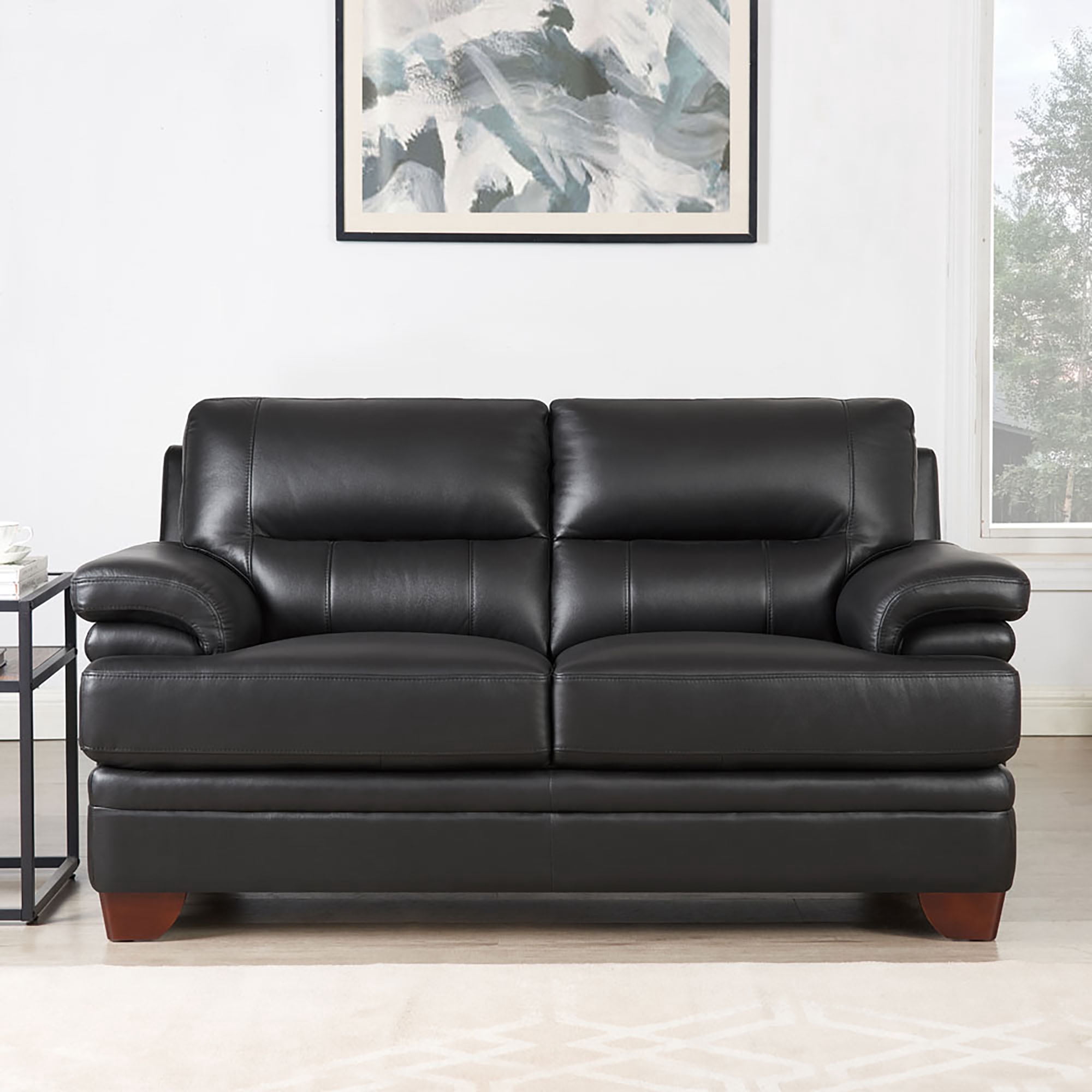 Hydeline Luxor Top Grain Leather Loveseat Black with Tapered Legs Memory Foam and Springs Seating