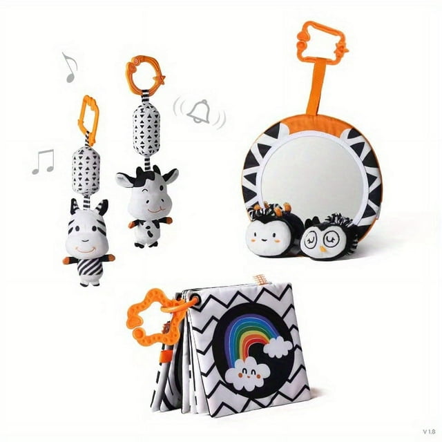Baby Toys Gift Set Black And White Tummy Time Mirror Plush Rattles Rings And Crinkle Soft Cloth Book Flashcard, Car Seat Stroller Hanging Toy For 0 3 6 9 12 Months Newborn Infant Toddler