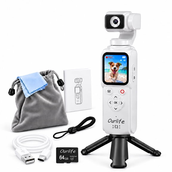 Ourlife 4K Compact Vlogging Camera with Handheld Gimbal & Desktop Tripod, Auto Face Tracking, 18X Zoom, Touchscreen, Wifi, 64GB Card, White