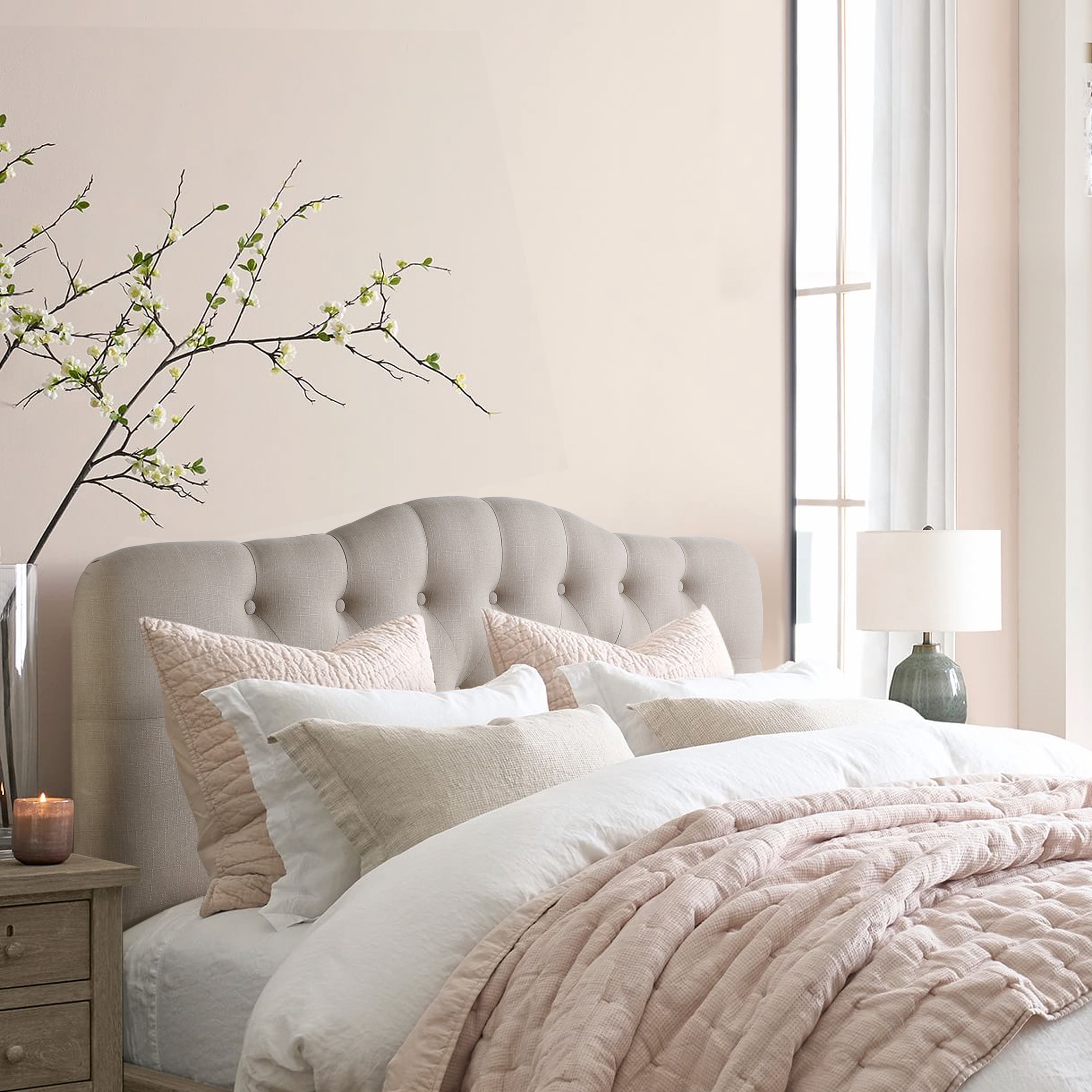 BSHTI Beige Linen Upholstered King Size Bed, Adjustable Height Headboard, Platform Bed Frame with Solid Wood Construction, Box Spring Needed