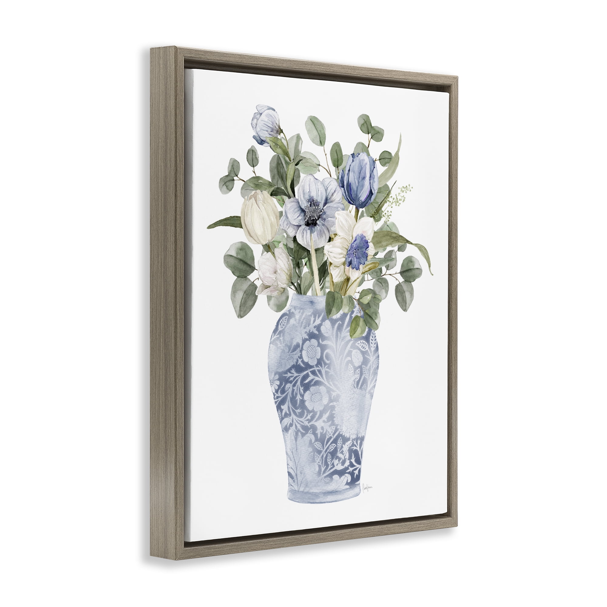 Stupell Industries Ornate Vase Tulips Brown Framed Floater Canvas Wall Art, design by Livi Finn