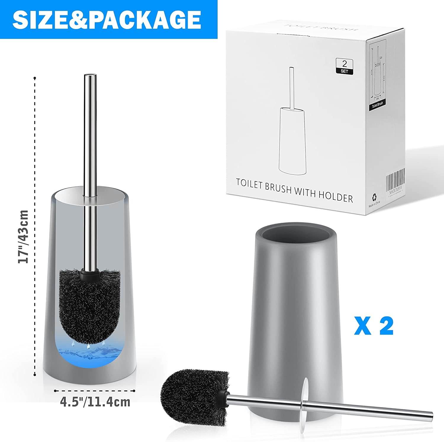 Toilet Brush and Holder, 2 Pack Toilet Brush with 304 Stainless Steel Long Handle, Toilet Bowl Brush for Bathroom Toilet-Ergonomic, Elegant,Durable (Grey)