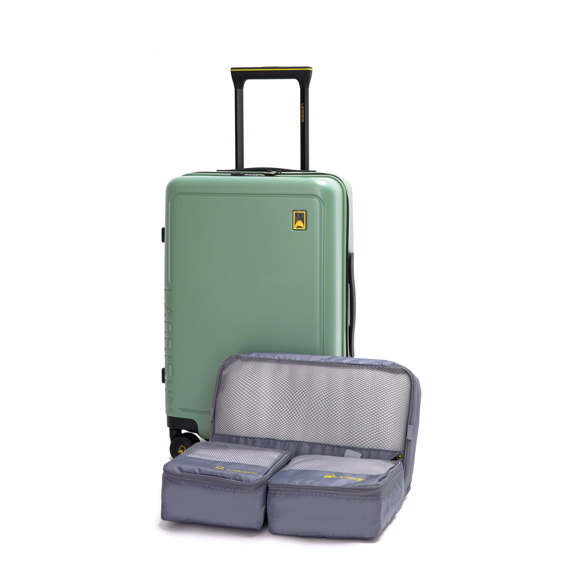 JERFIT 19-Inch Expandable Carry On Luggage with Spinner Wheels, ABS+PC Hardshell Suitcase, Lightweight Green Checked Bag for Air Travel